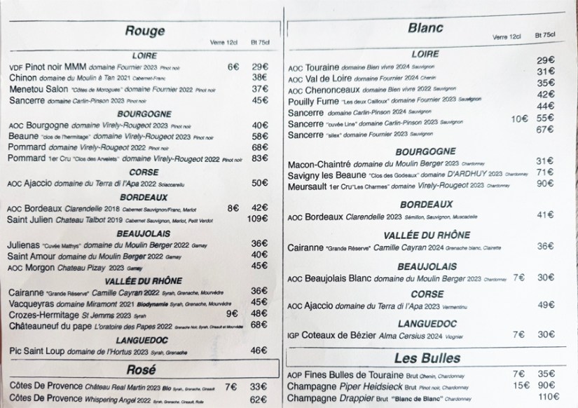 Jadis carte des vins