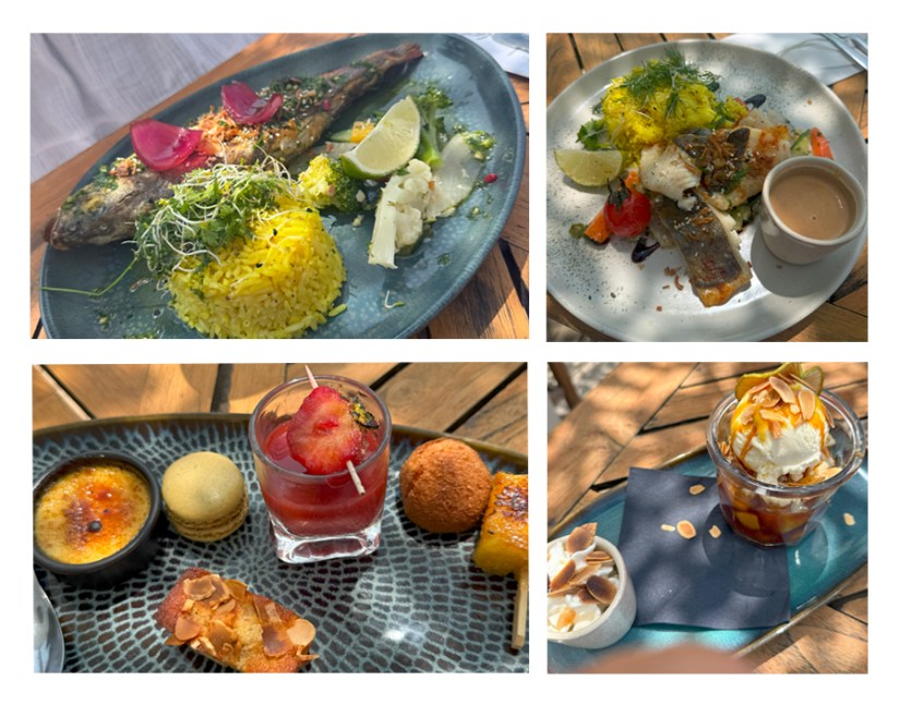 Plage d'argent assiette de poisson garni de riz et de légumes, accompagnée de tranches de lime et de radis. café gourmand et tarte tatin