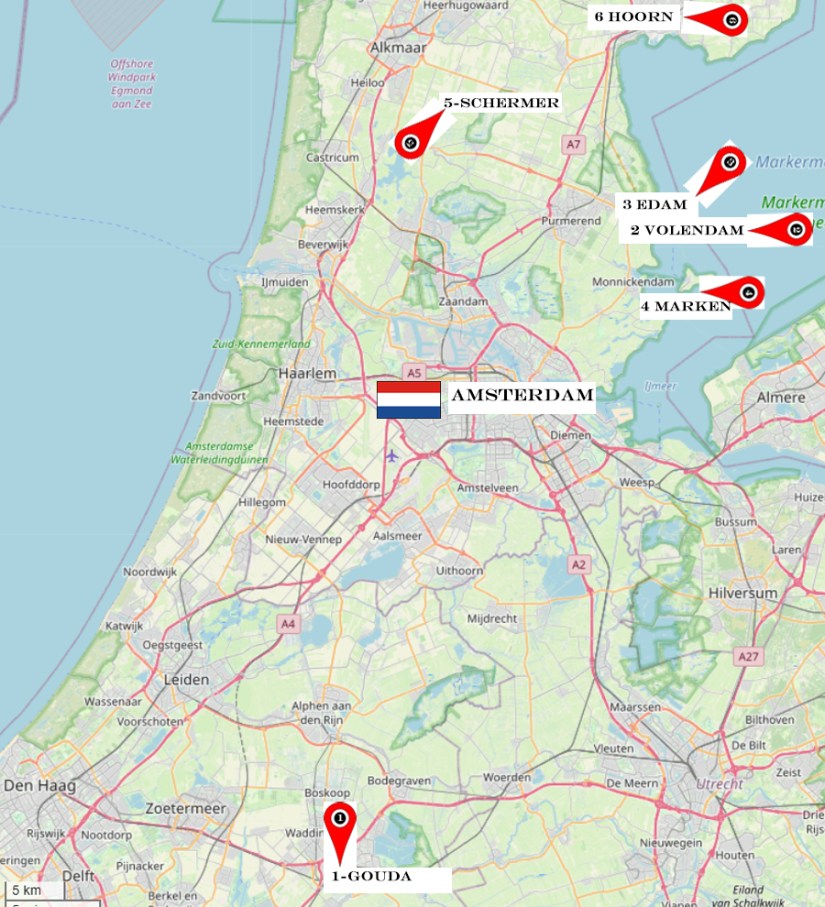 Carte de la Hollande avec les premières étapes de notre voyage